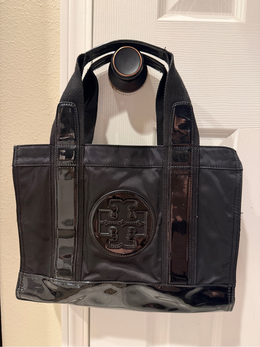 Tory Burch Black Nylon & Patent Logo Tote